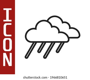 Black line Cloud with rain icon isolated on white background. Rain cloud precipitation with rain drops.  Vector
