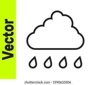 Black line Cloud with rain icon isolated on white background. Rain cloud precipitation with rain drops.  Vector