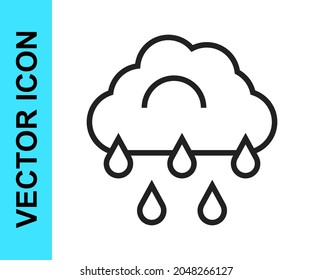 Black line Cloud with rain icon isolated on white background. Rain cloud precipitation with rain drops.  Vector