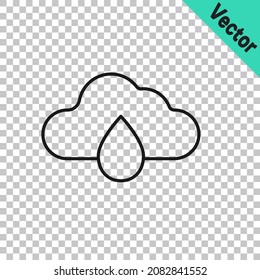 Black line Cloud with rain icon isolated on transparent background. Rain cloud precipitation with rain drops.  Vector