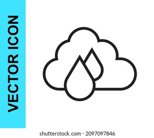 Nube de línea negra con icono de lluvia aislado en fondo blanco. Precipitación de nubes de lluvia con caídas de lluvia.  Vector