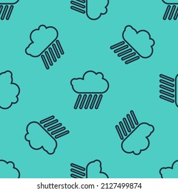 Nube de línea negra con icono de lluvia aislado patrón sin fisuras sobre fondo verde. Precipitación de nubes de lluvia con caídas de lluvia.  Ilustración vectorial