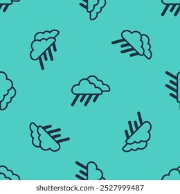 Black line Cloud with rain icon isolated seamless pattern on green background. Rain cloud precipitation with rain drops.  Vector