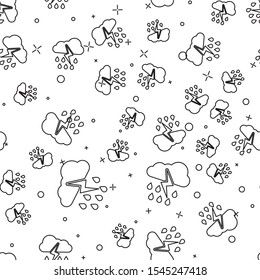 Black line Cloud with rain and lightning icon isolated seamless pattern on white background. Rain cloud precipitation with rain drops.Weather icon of storm.  Vector Illustration