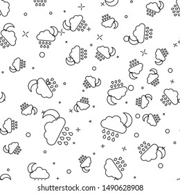 Black line Cloud with rain and moon icon isolated seamless pattern on white background. Rain cloud precipitation with rain drops.  Vector Illustration