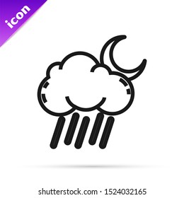 Black line Cloud with rain and moon icon isolated on white background. Rain cloud precipitation with rain drops.  Vector Illustration