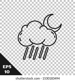 Black line Cloud with rain and moon icon isolated on transparent background. Rain cloud precipitation with rain drops.  Vector Illustration