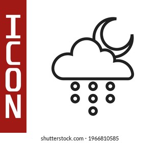 Black line Cloud with rain and moon icon isolated on white background. Rain cloud precipitation with rain drops.  Vector