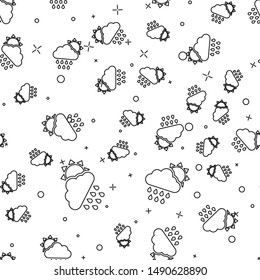 Black line Cloud with rain and sun icon isolated seamless pattern on white background. Rain cloud precipitation with rain drops.  Vector Illustration