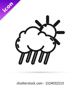 Black line Cloud with rain and sun icon isolated on white background. Rain cloud precipitation with rain drops.  Vector Illustration
