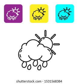Black line Cloud with rain and sun icon isolated on white background. Rain cloud precipitation with rain drops. Set icons colorful square buttons. Vector Illustration