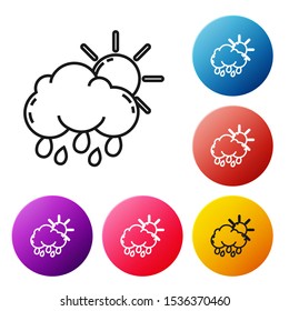 Black line Cloud with rain and sun icon isolated on white background. Rain cloud precipitation with rain drops. Set icons colorful circle buttons. Vector Illustration