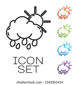 Black line Cloud with rain and sun icon isolated on white background. Rain cloud precipitation with rain drops. Set icons colorful. Vector Illustration