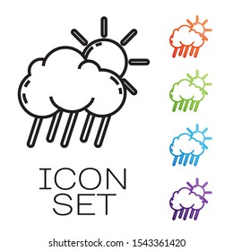 Black line Cloud with rain and sun icon isolated on white background. Rain cloud precipitation with rain drops. Set icons colorful. Vector Illustration