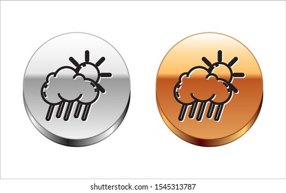Black line Cloud with rain and sun icon isolated on white background. Rain cloud precipitation with rain drops. Silver-gold circle button. Vector Illustration
