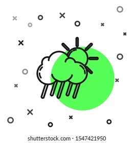 Black line Cloud with rain and sun icon isolated on white background. Rain cloud precipitation with rain drops.  Vector Illustration