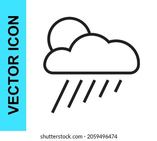 Black line Cloud with rain and sun icon isolated on white background. Rain cloud precipitation with rain drops.  Vector