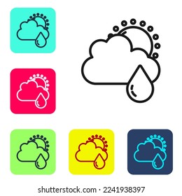 Black line Cloud with rain and sun icon isolated on white background. Rain cloud precipitation with rain drops. Set icons in color square buttons. Vector