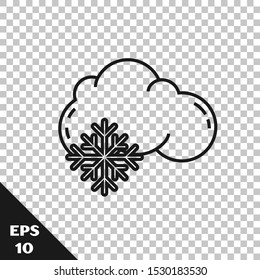 Black line Cloud with snow icon isolated on transparent background. Cloud with snowflakes. Single weather icon. Snowing sign.  Vector Illustration