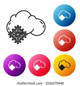 Black line Cloud with snow icon isolated on white background. Cloud with snowflakes. Single weather icon. Snowing sign. Set icons colorful circle buttons. Vector Illustration