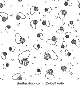 Black line Cloud with snow icon isolated seamless pattern on white background. Cloud with snowflakes. Single weather icon. Snowing sign.  Vector Illustration