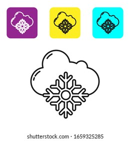 Nube de línea negra con icono de nieve aislado en fondo blanco. Nube con copos de nieve. Icono de clima único. Señal de nieve. Defina los iconos con los botones cuadrados coloridos. Ilustración vectorial
