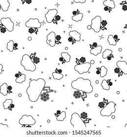 Black line Cloud with snow and lightning icon isolated seamless pattern on white background. Cloud with snowflakes. Single weather icon. Snowing sign.  Vector Illustration