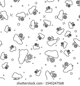 Black line Cloud with snow and lightning icon isolated seamless pattern on white background. Cloud with snowflakes. Single weather icon. Snowing sign.  Vector Illustration