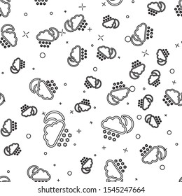 Black line Cloud with snow and moon icon isolated seamless pattern on white background. Cloud with snowflakes. Single weather icon. Snowing sign.  Vector Illustration