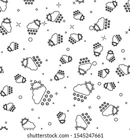 Black line Cloud with snow and sun icon isolated seamless pattern on white background. Cloud with snowflakes. Single weather icon. Snowing sign.  Vector Illustration
