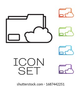 Icono de carpeta de documentos de texto de almacenamiento en la nube de línea negra aislado en fondo blanco. Establecer iconos coloridos. Ilustración vectorial