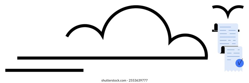 Black line cloud with two flying birds carrying a blue document featuring check marks and seals. Ideal for digital documentation, cloud storage, data security, online verification, and electronic