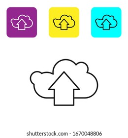 Icono de carga de la nube negra aislado en fondo blanco. Defina los iconos con los botones cuadrados coloridos. Ilustración vectorial