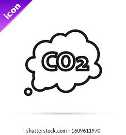 Black line CO2 emissions in cloud icon isolated on white background. Carbon dioxide formula symbol, smog pollution concept, environment concept.  Vector Illustration