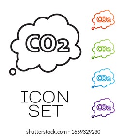 Black line CO2 emissions in cloud icon isolated on white background. Carbon dioxide formula symbol, smog pollution concept, environment concept. Set icons colorful. Vector Illustration
