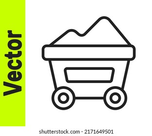 Black line Coal mine trolley icon isolated on white background. Factory coal mine trolley.  Vector