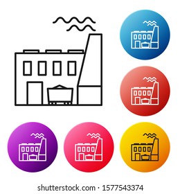 Black line Coal power plant and factory icon isolated on white background. Energy industrial concept. Coal power station. Set icons colorful circle buttons. Vector Illustration