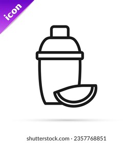 Black line Cocktail shaker with lime icon isolated on white background.  Vector