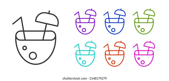 Black line Coconut juice exotic fresh cocktail and umbrella icon isolated on white background. Set icons colorful. Vector