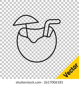 Black line Coconut juice exotic fresh cocktail and umbrella icon isolated on transparent background.  Vector