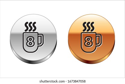 Black line Coffee cup with 8 March icon isolated on white background. Tea cup. Hot drink coffee. International Happy Women Day. Silver-gold circle button. Vector Illustration