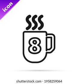 Copa Coffee de línea negra con icono del 8 de marzo aislado en fondo blanco. Té. Café caliente. Día Internacional de la Mujer Feliz.  Ilustración vectorial