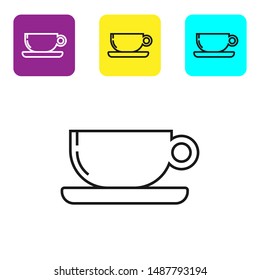Black line Coffee cup flat icon isolated on white background. Tea cup. Hot drink coffee. Set icons colorful square buttons. Vector Illustration