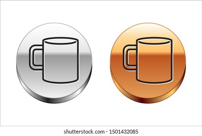 Black line Coffee cup flat icon isolated on white background. Tea cup. Hot drink coffee. Silver-gold circle button. Vector Illustration
