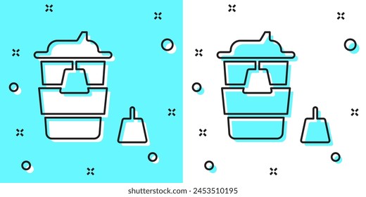 Black line Coffee cup to go icon isolated on green and white background. Random dynamic shapes. Vector