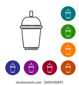 Black line Coffee cup to go icon isolated on white background. Set icons in color circle buttons. Vector
