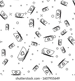 Black line Coffee cup and heart icon isolated seamless pattern on white background. Couple coffee for lovers on Valentines Day.  Vector Illustration
