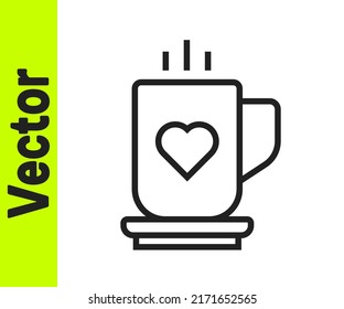 Black line Coffee cup and heart icon isolated on white background. Couple coffee for lovers on Valentines Day.  Vector