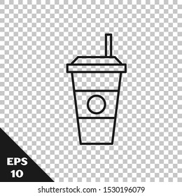 Black line Coffee cup icon isolated on transparent background. Disposable coffee cup with hot coffee.  Vector Illustration