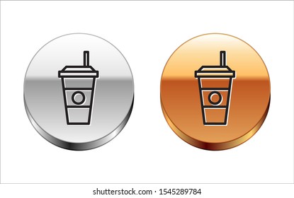 Black line Coffee cup icon isolated on white background. Disposable coffee cup with hot coffee. Silver-gold circle button. Vector Illustration